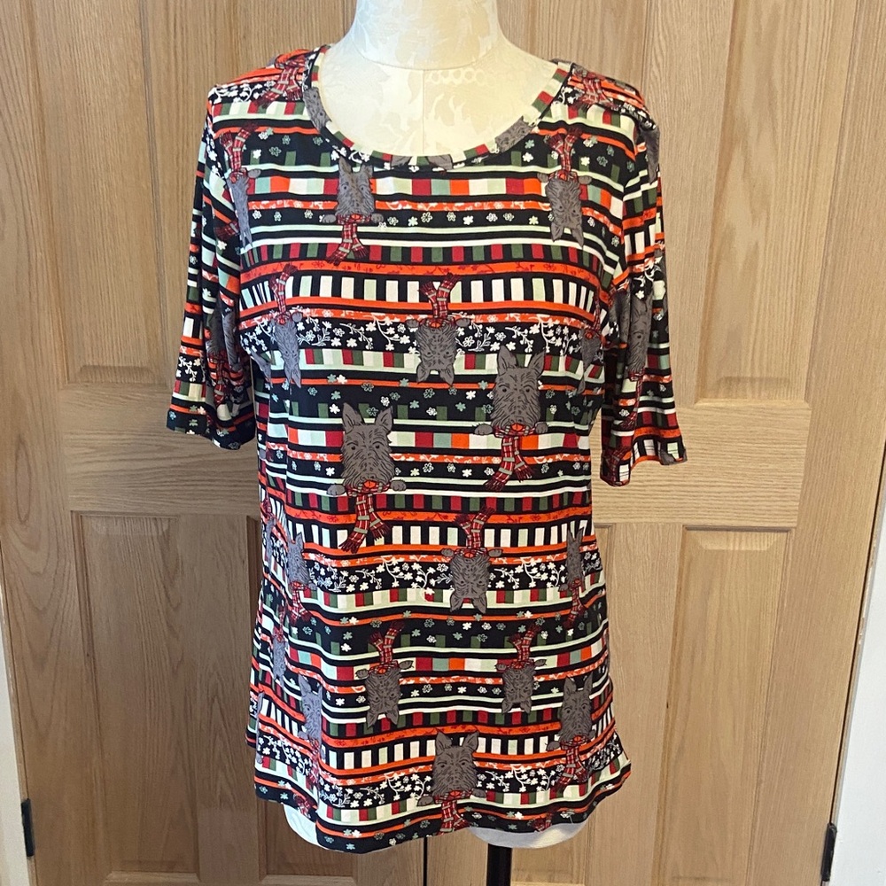 LuLaRoe Multicolor Striped Short Sleeve Top with Scotty Dogs